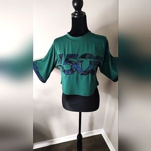 Asos Cropped Jersey Top 6US 10UK green EUC CAMO LOGO mid Sleeves